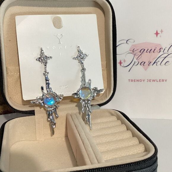 ⭐️SilverTone Cross Melting Moonstone Post back Earrrings. - Picture 2 of 16